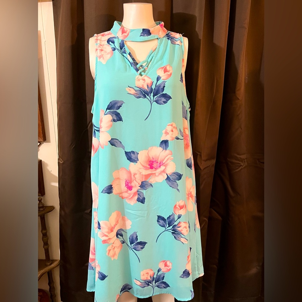 Ladies Peach Love Dress, Size Medium, V-neck with cross cross,back has a opening